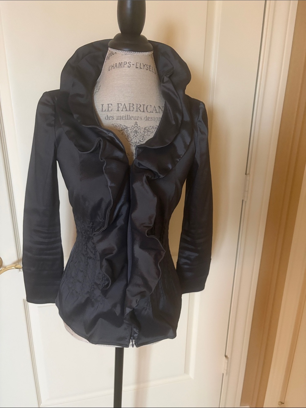 Women's Black Ruffle-Front Satin Blazer